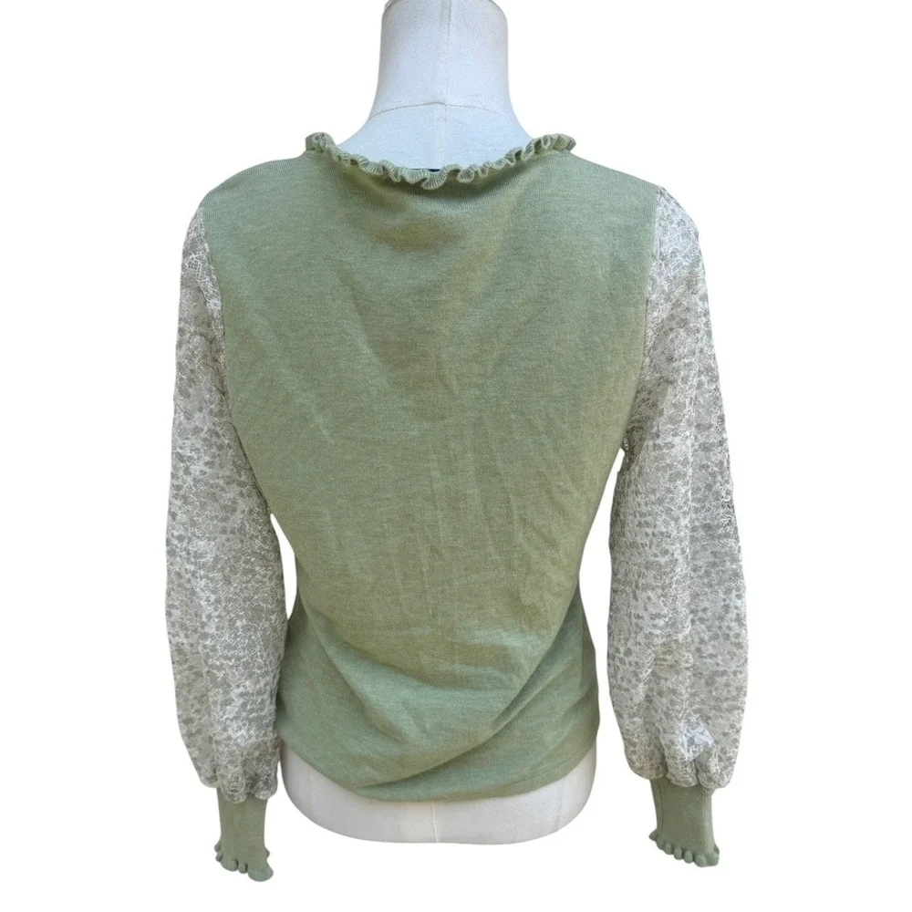 Siani Milano Sweater Sage Green Lace Sleeve Ruffle V-Neck Boho Cottagecore Small